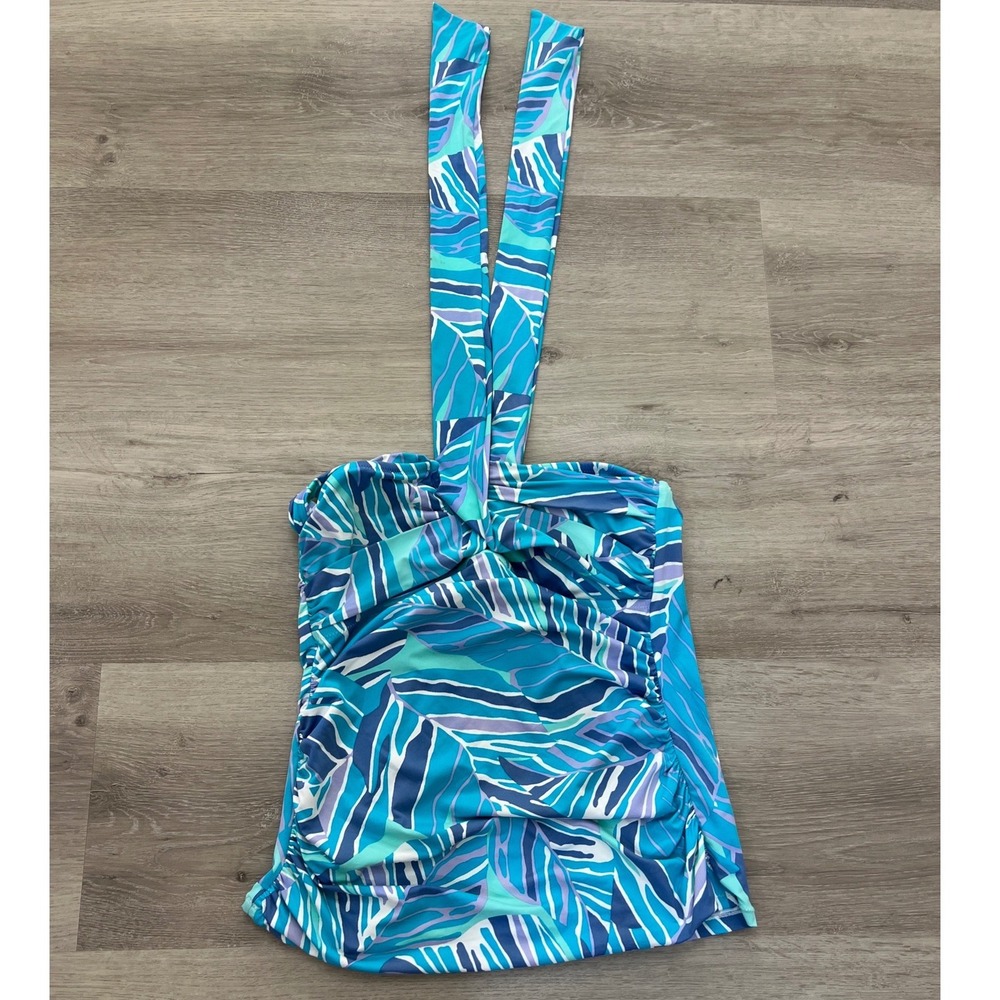 Leilani Womens Blue Tropical Leaf Halter Tankini Swim Top Ruched Size 10 Y720616
